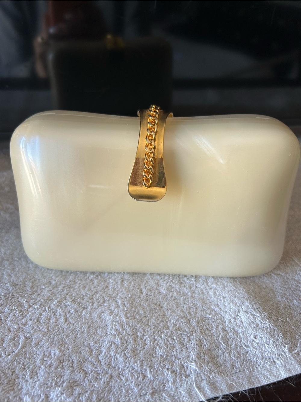 Cream Clutch with Gold Chain Accent - Women's Evening Bag